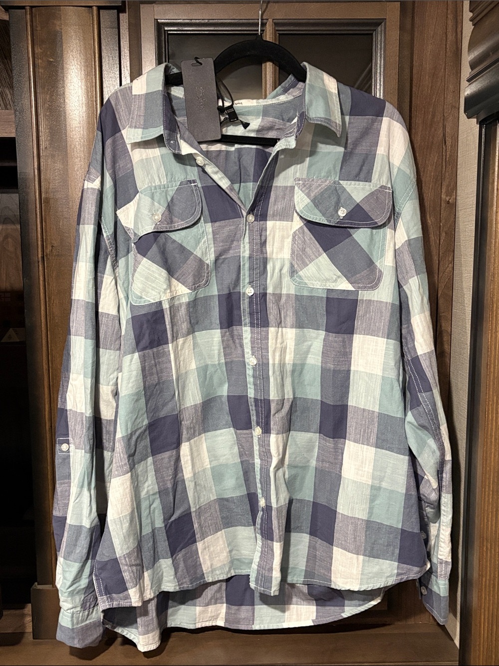 Silver Jeans Dusty Blue and Purple Plaid Button-Front Shirt 100% Cotton